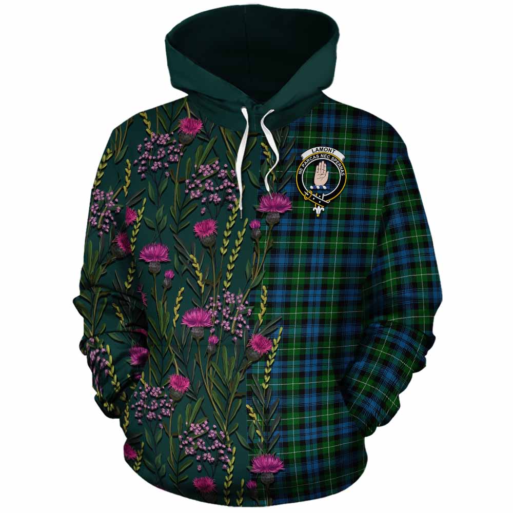 Lamont Family Crest Tartan Cotton Hoodie Scottish Thistle Flower Pattern Half Style - Tartan Vibes Clothing