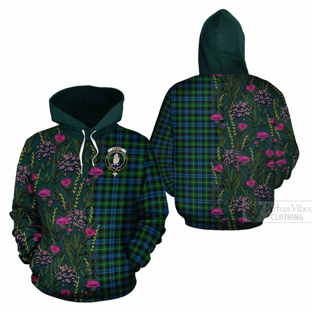 Lamont Family Crest Tartan Cotton Hoodie Scottish Thistle Flower Pattern Half Style - Tartan Vibes Clothing