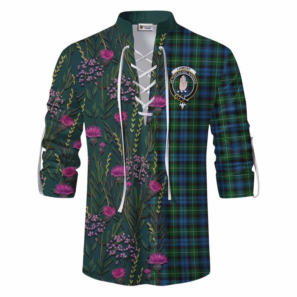 Lamont Family Crest Tartan Ghillie Shirt Scottish Thistle Flower Pattern Half Style - Tartan Vibes Clothing