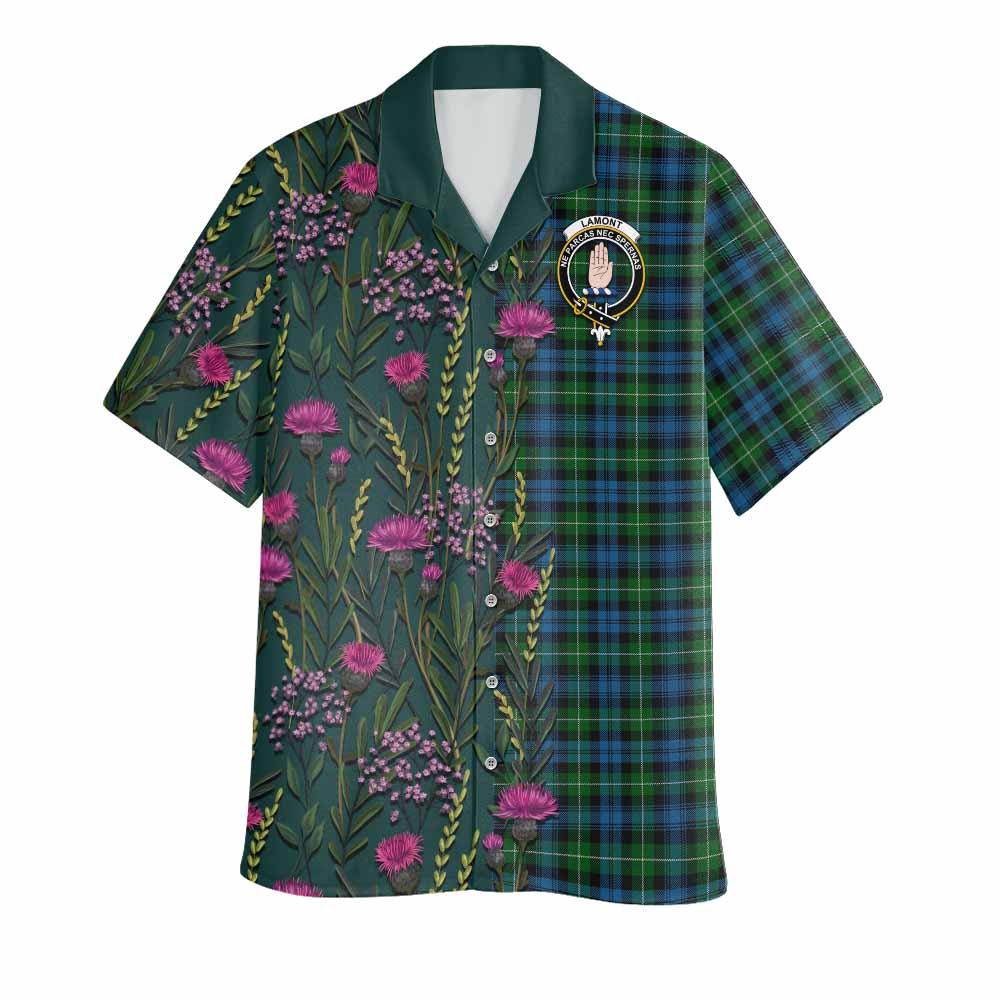 Lamont Family Crest Tartan Hawaiian Shirt Scottish Thistle Flower Pattern Half Style - Tartan Vibes Clothing