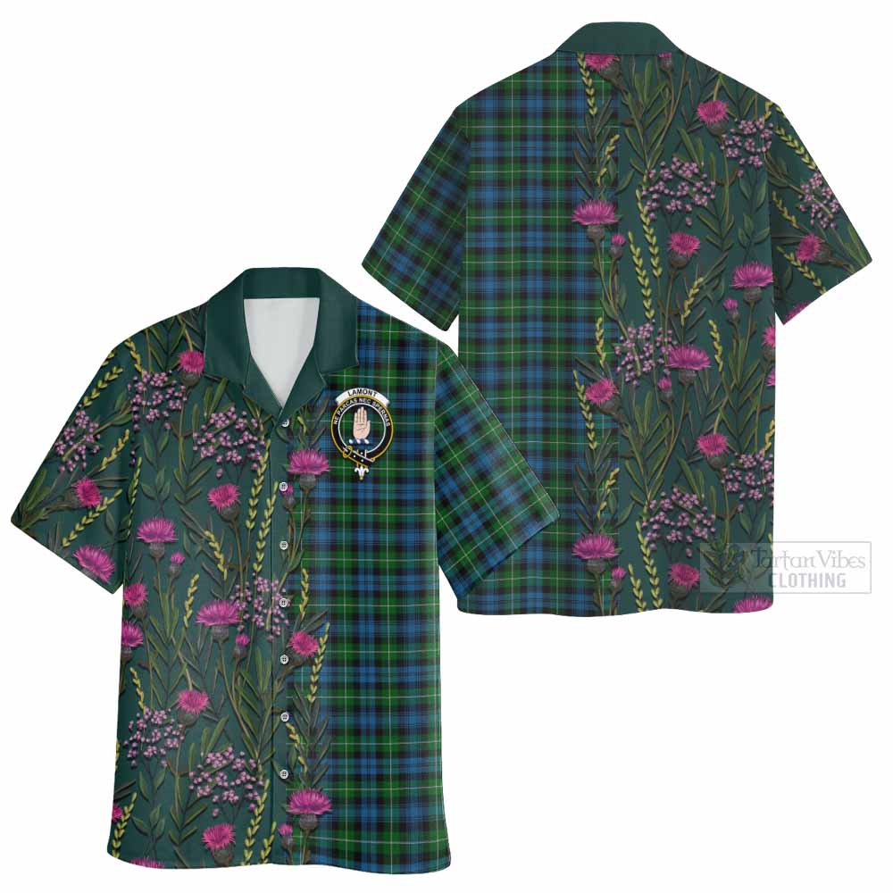 Lamont Family Crest Tartan Hawaiian Shirt Scottish Thistle Flower Pattern Half Style - Tartan Vibes Clothing