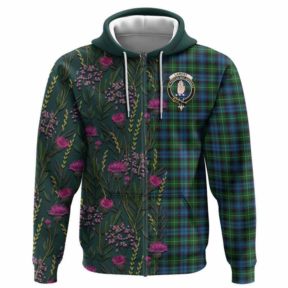 Lamont Family Crest Tartan Hoodie Scottish Thistle Flower Pattern Half Style - Tartan Vibes Clothing