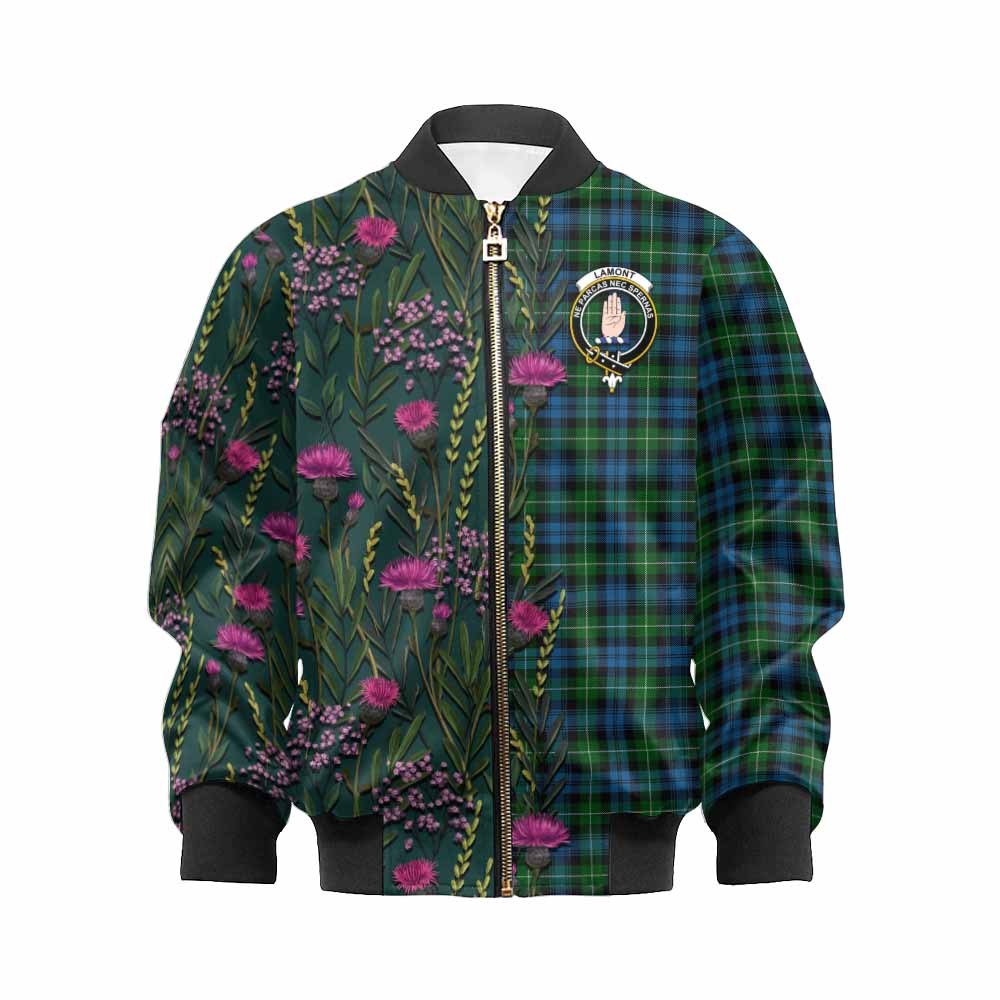 Lamont Family Crest Tartan Kid Bomber Jacket Scottish Thistle Flower Pattern Half Style - Tartan Vibes Clothing