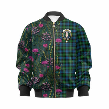 Lamont Family Crest Tartan Kid Bomber Jacket Scottish Thistle Flower Pattern Half Style