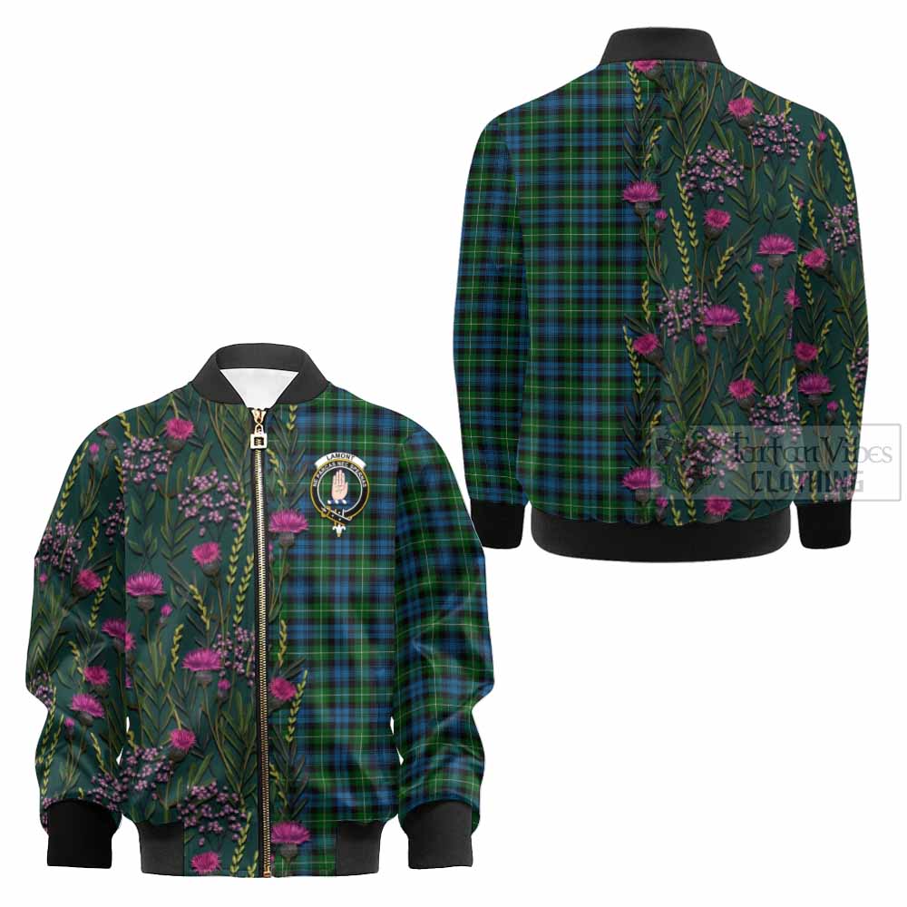 Lamont Family Crest Tartan Kid Bomber Jacket Scottish Thistle Flower Pattern Half Style - Tartan Vibes Clothing