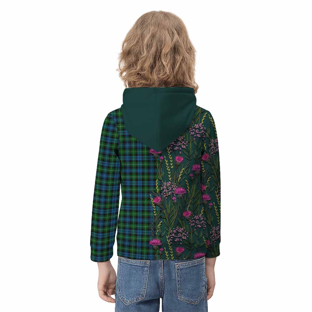 Lamont Family Crest Tartan Kid Hoodie Scottish Thistle Flower Pattern Half Style - Tartan Vibes Clothing