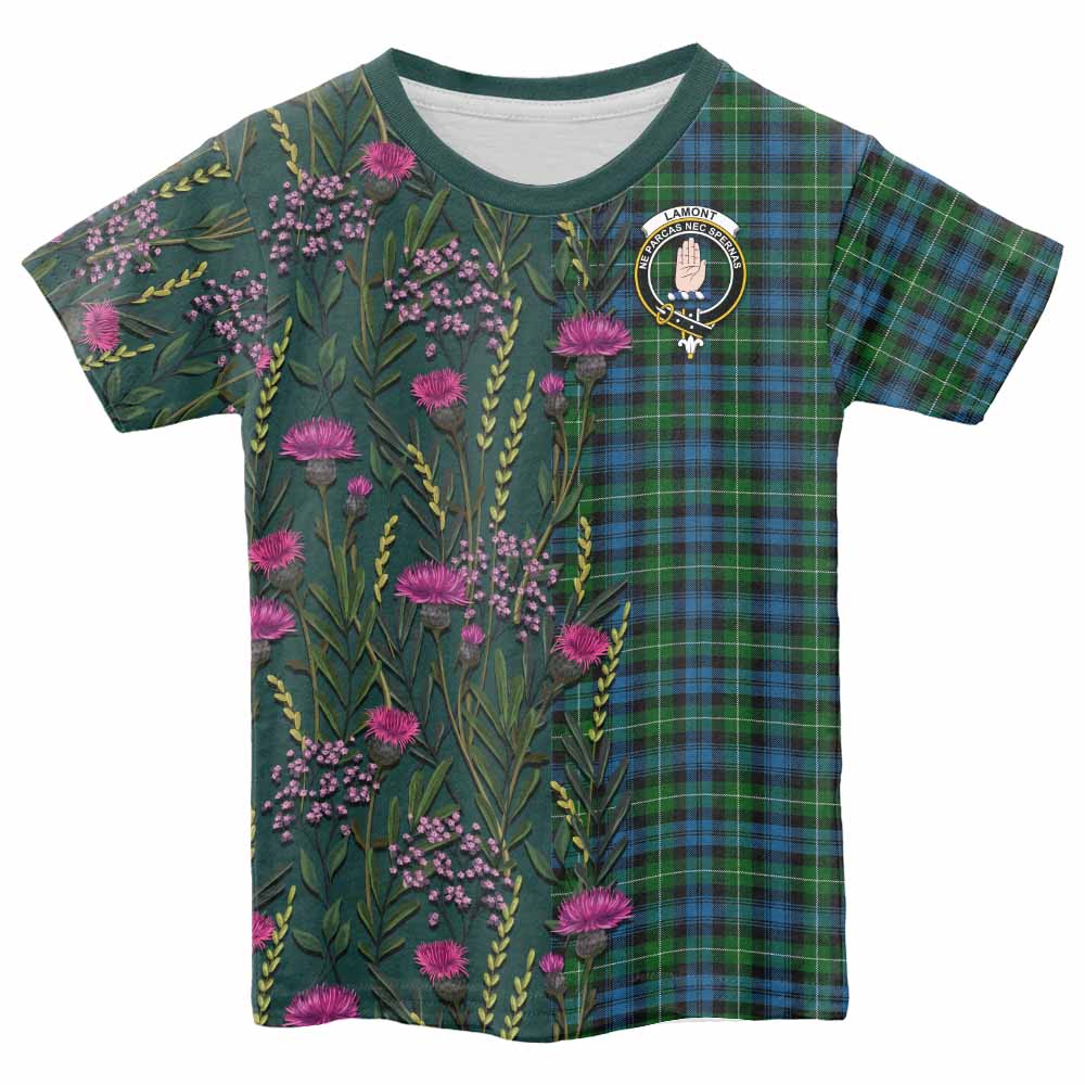 Lamont Family Crest Tartan Kid T-shirt Scottish Thistle Flower Pattern Half Style - Tartan Vibes Clothing