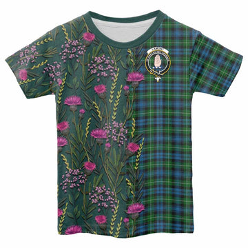 Lamont Family Crest Tartan Kid T-shirt Scottish Thistle Flower Pattern Half Style - Tartan Vibes Clothing