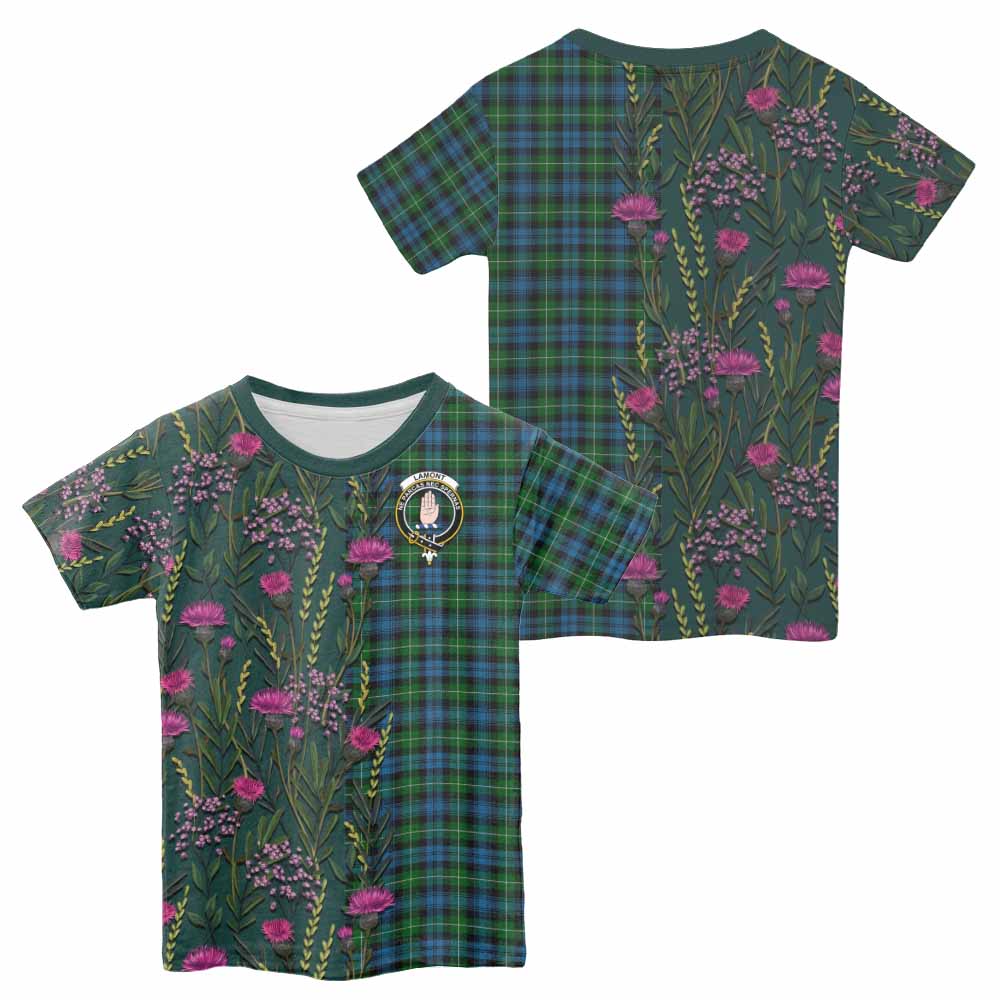 Lamont Family Crest Tartan Kid T-shirt Scottish Thistle Flower Pattern Half Style - Tartan Vibes Clothing