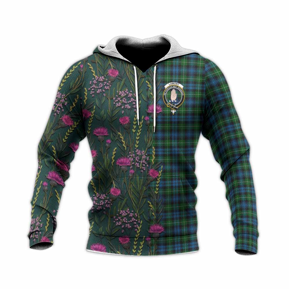 Lamont Family Crest Tartan Knitted Hoodie Scottish Thistle Flower Pattern Half Style - Tartan Vibes Clothing