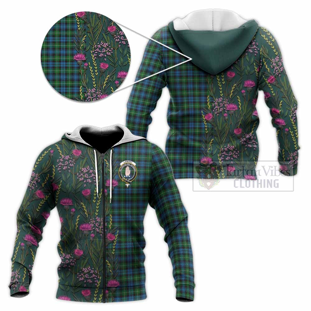 Lamont Family Crest Tartan Knitted Hoodie Scottish Thistle Flower Pattern Half Style - Tartan Vibes Clothing