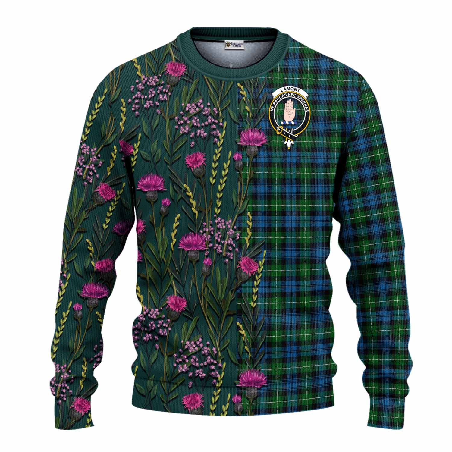 Lamont Family Crest Tartan Knitted Sweater Scottish Thistle Flower Pattern Half Style - Tartan Vibes Clothing