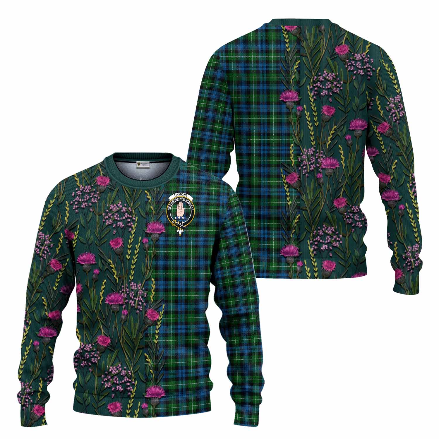 Lamont Family Crest Tartan Knitted Sweater Scottish Thistle Flower Pattern Half Style - Tartan Vibes Clothing