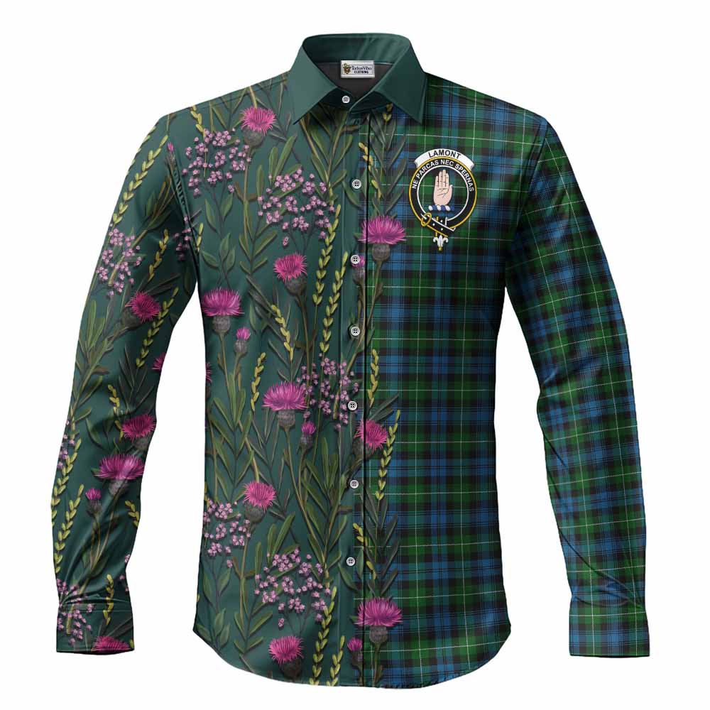 Lamont Family Crest Tartan Long Sleeve Button Shirts Scottish Thistle Flower Pattern Half Style - Tartan Vibes Clothing