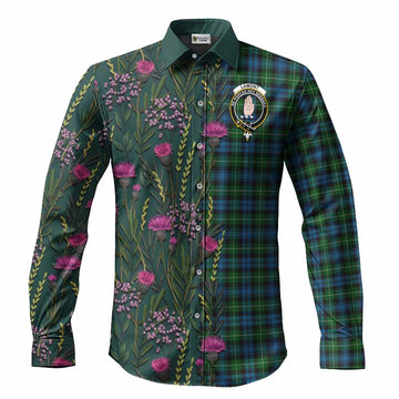 Lamont Family Crest Tartan Long Sleeve Button Shirts Scottish Thistle Flower Pattern Half Style