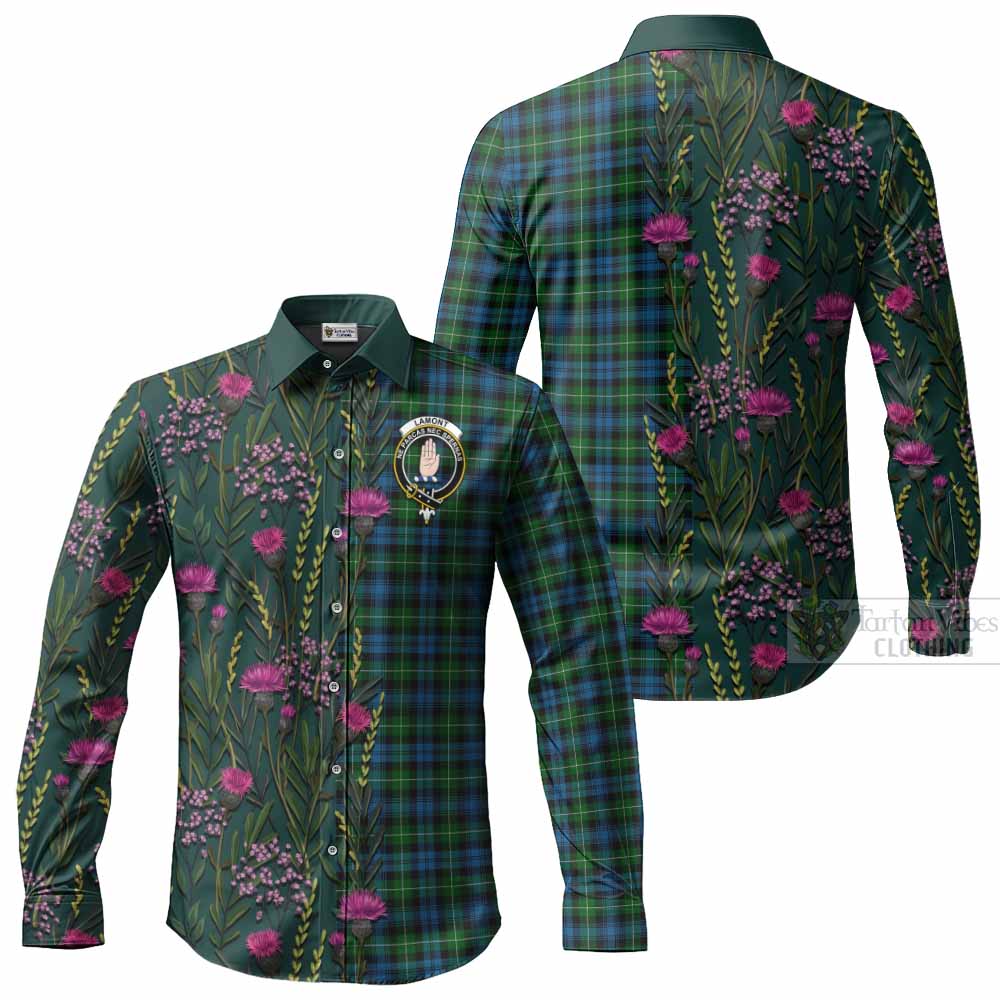 Lamont Family Crest Tartan Long Sleeve Button Shirts Scottish Thistle Flower Pattern Half Style - Tartan Vibes Clothing