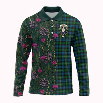 Lamont Family Crest Tartan Long Sleeve Polo Shirt Scottish Thistle Flower Pattern Half Style - Tartan Vibes Clothing