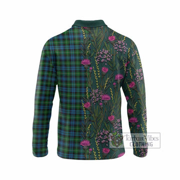 Lamont Family Crest Tartan Long Sleeve Polo Shirt Scottish Thistle Flower Pattern Half Style - Tartan Vibes Clothing
