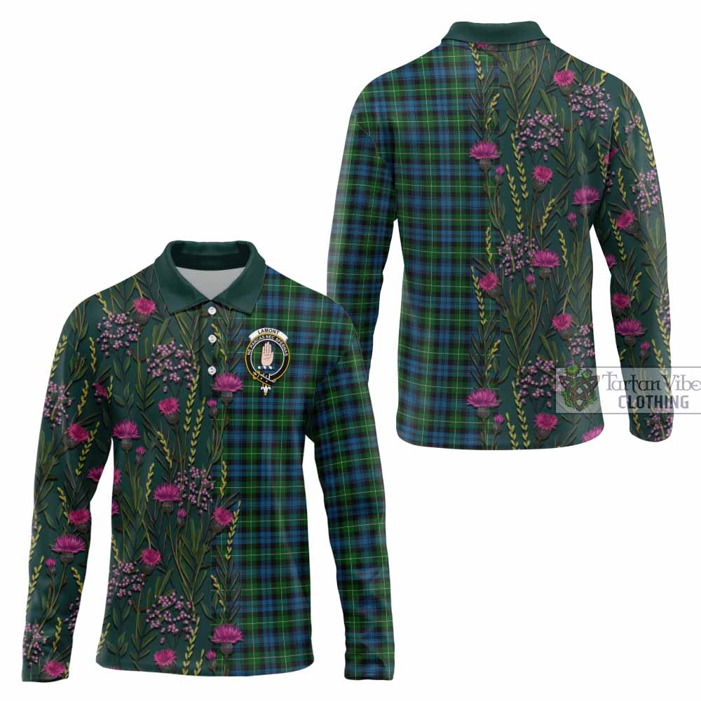 Lamont Family Crest Tartan Long Sleeve Polo Shirt Scottish Thistle Flower Pattern Half Style - Tartan Vibes Clothing