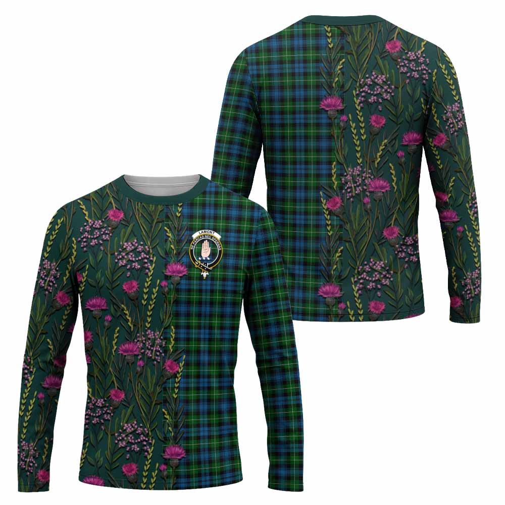 Lamont Family Crest Tartan Long Sleeve T-Shirt Scottish Thistle Flower Pattern Half Style - Tartan Vibes Clothing
