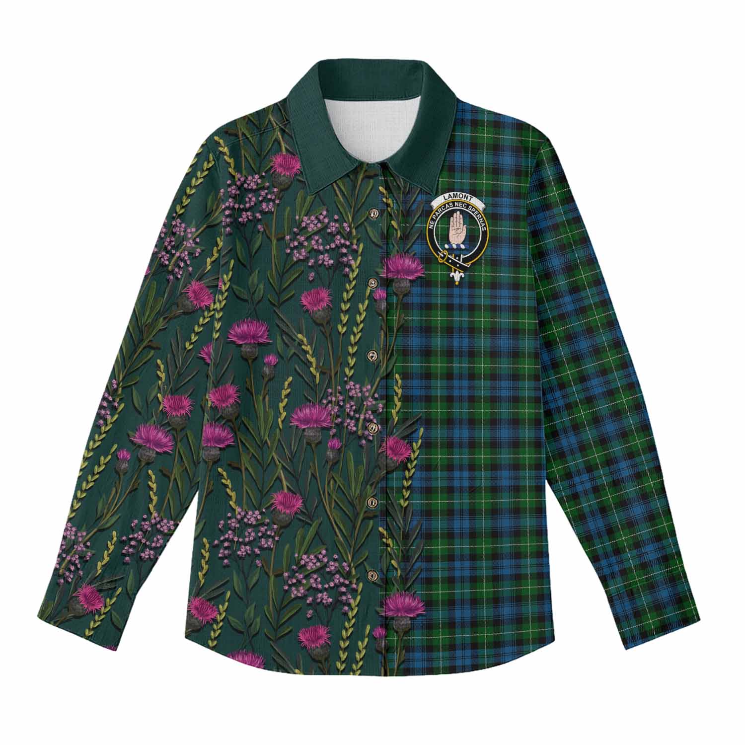 Lamont Family Crest Tartan Women Casual Shirt Scottish Thistle Flower Pattern Half Style - Tartan Vibes Clothing