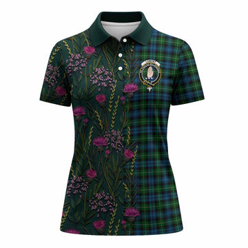 Lamont Family Crest Tartan Women Polo Shirt Scottish Thistle Flower Pattern Half Style