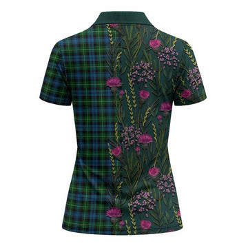 Lamont Family Crest Tartan Women Polo Shirt Scottish Thistle Flower Pattern Half Style