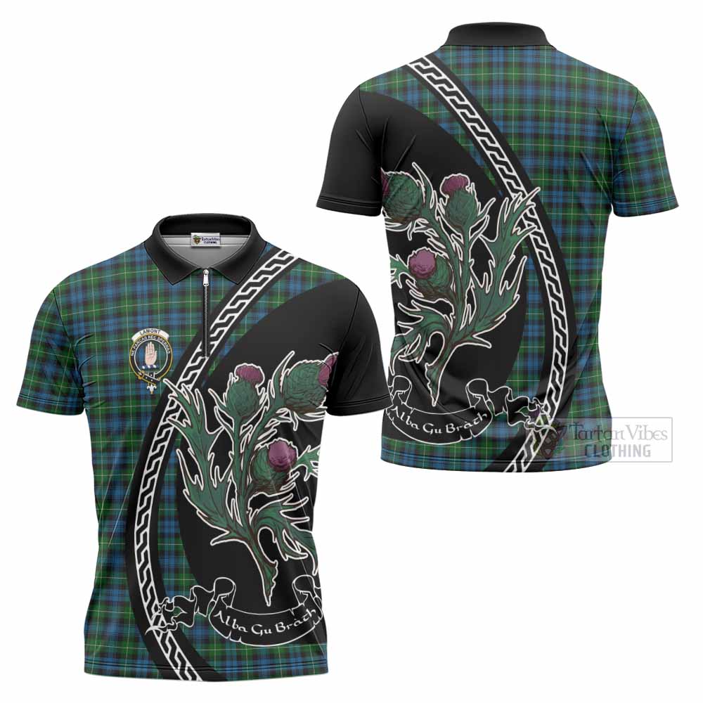 Lamont Family Crest Tartan Zipper Polo Shirt Alba Thistle Inspired - Tartan Vibes Clothing