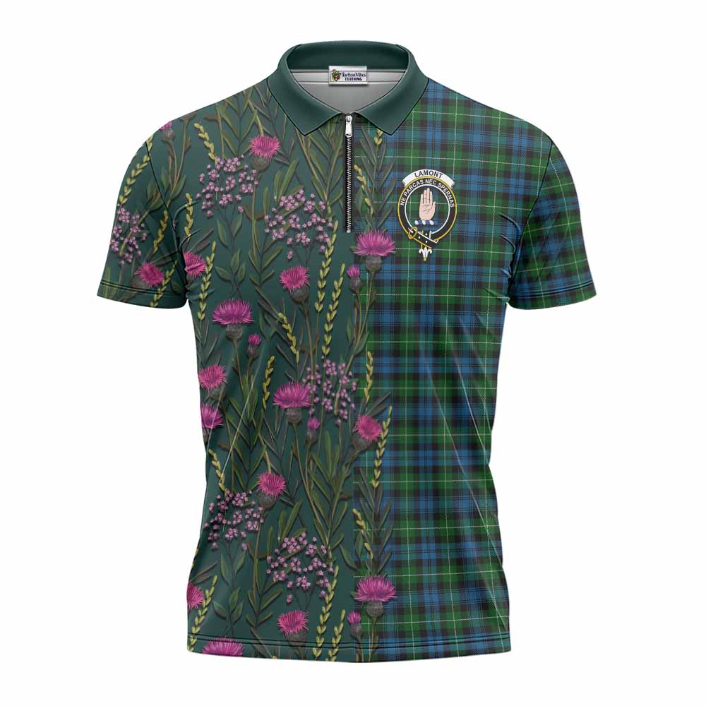 Lamont Family Crest Tartan Zipper Polo Shirt Scottish Thistle Flower Pattern Half Style - Tartan Vibes Clothing