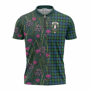 Lamont Family Crest Tartan Zipper Polo Shirt Scottish Thistle Flower Pattern Half Style
