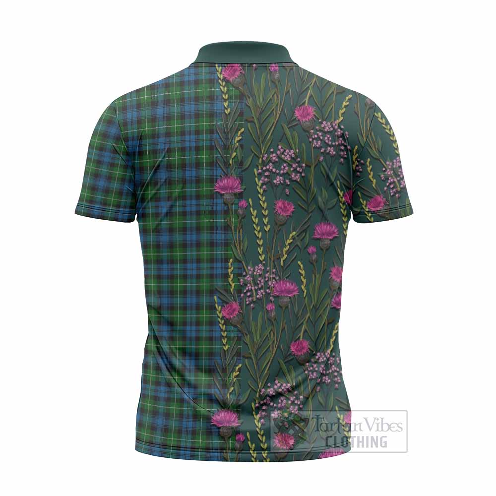 Lamont Family Crest Tartan Zipper Polo Shirt Scottish Thistle Flower Pattern Half Style - Tartan Vibes Clothing