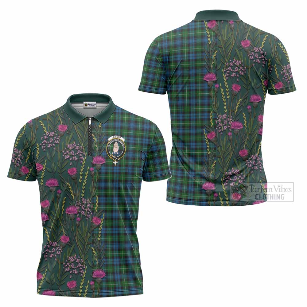 Lamont Family Crest Tartan Zipper Polo Shirt Scottish Thistle Flower Pattern Half Style - Tartan Vibes Clothing