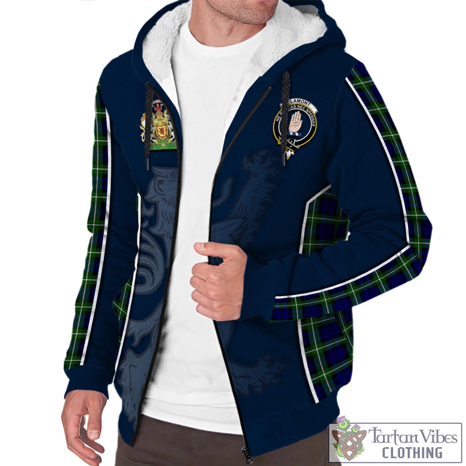 Tartan Vibes Clothing Lamont Modern Tartan Sherpa Hoodie with Family Crest and Lion Rampant Vibes Sport Style