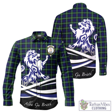 Lamont Modern Tartan Long Sleeve Button Up Shirt with Alba Gu Brath Regal Lion Emblem