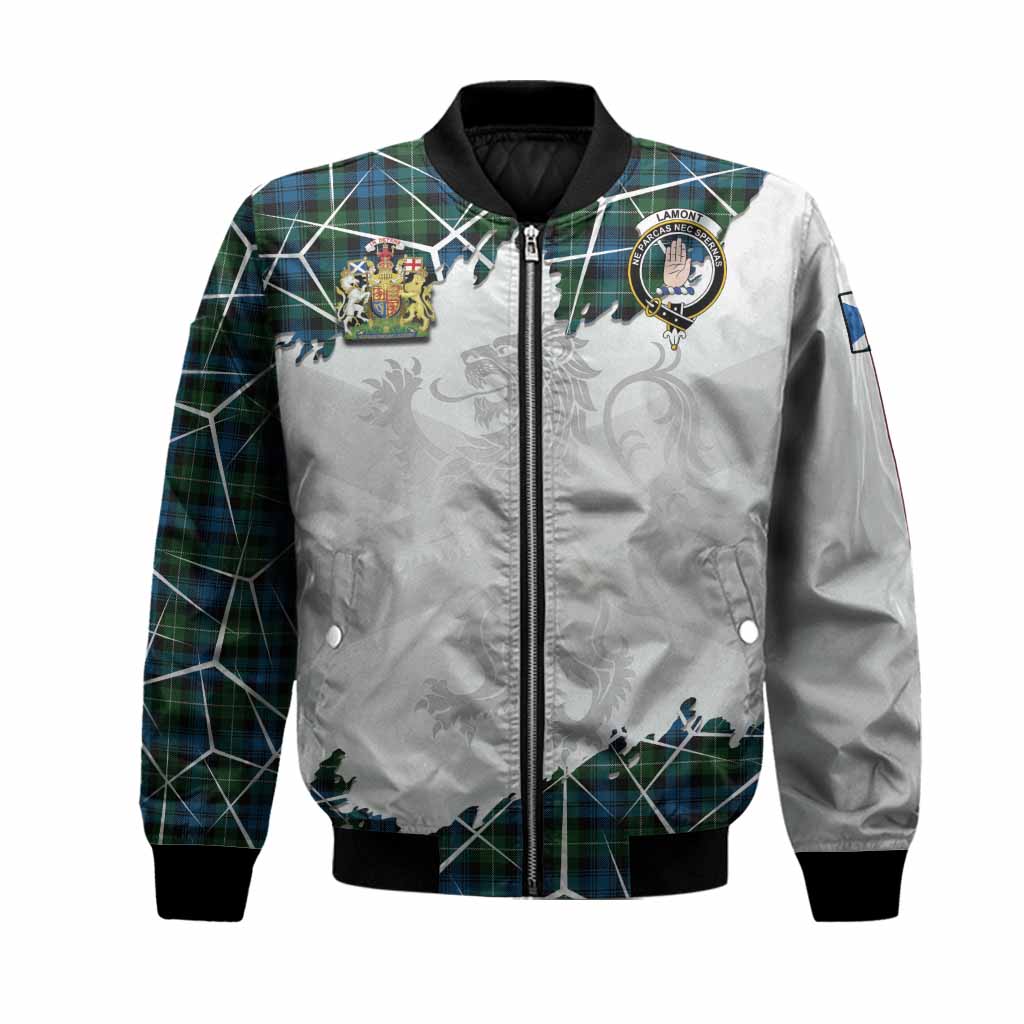 Lamont Tartan Bomber Jacket with Family Crest and Lion Rampant Grunge Style