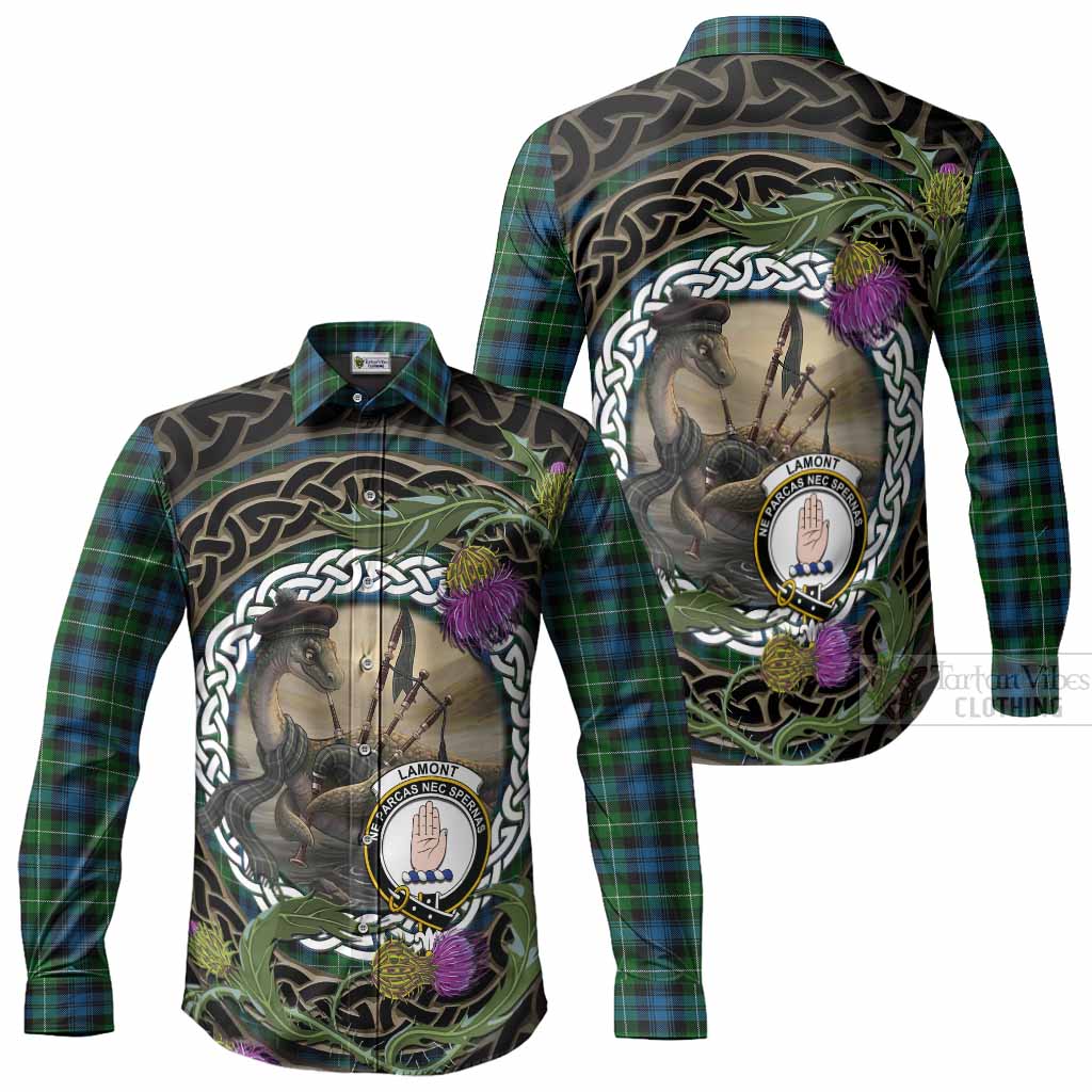 Lamont Tartan Crest Bagpipe Nessie Long Sleeve Button Shirts Scottish Loch Ness Monster Celtic Thistle
