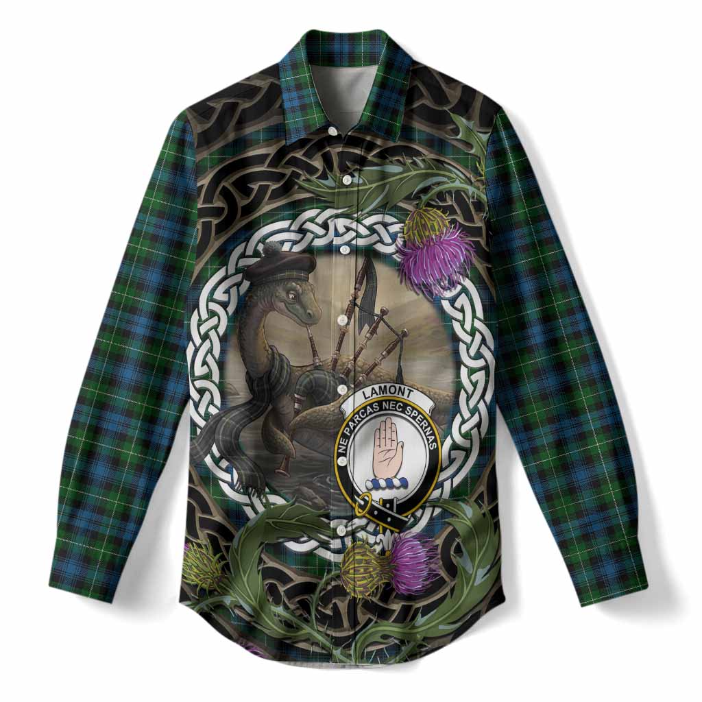 Lamont Tartan Crest Bagpipe Nessie Women Casual Shirt Scottish Loch Ness Monster Celtic Thistle