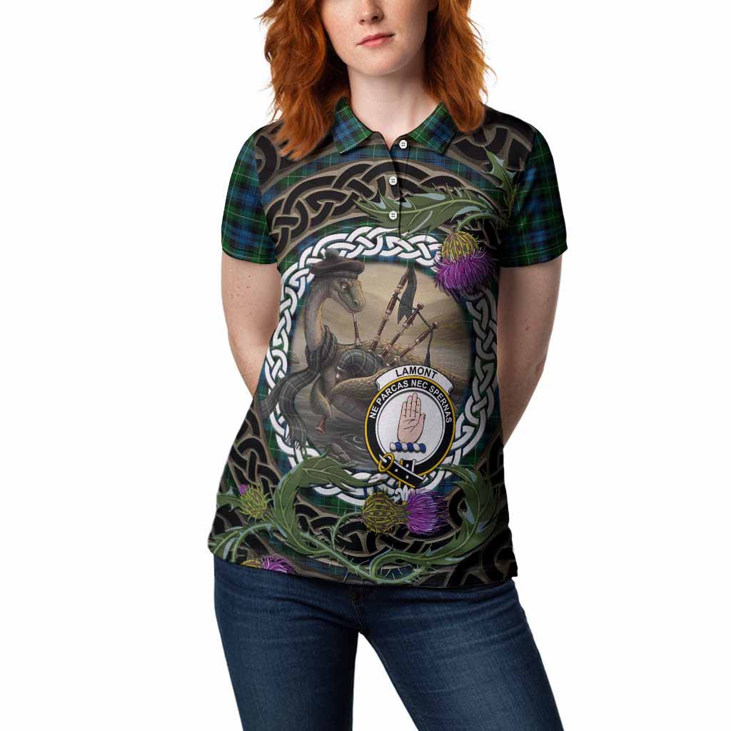 Lamont Tartan Crest Bagpipe Nessie Women Polo Shirt Scottish Loch Ness Monster Celtic Thistle