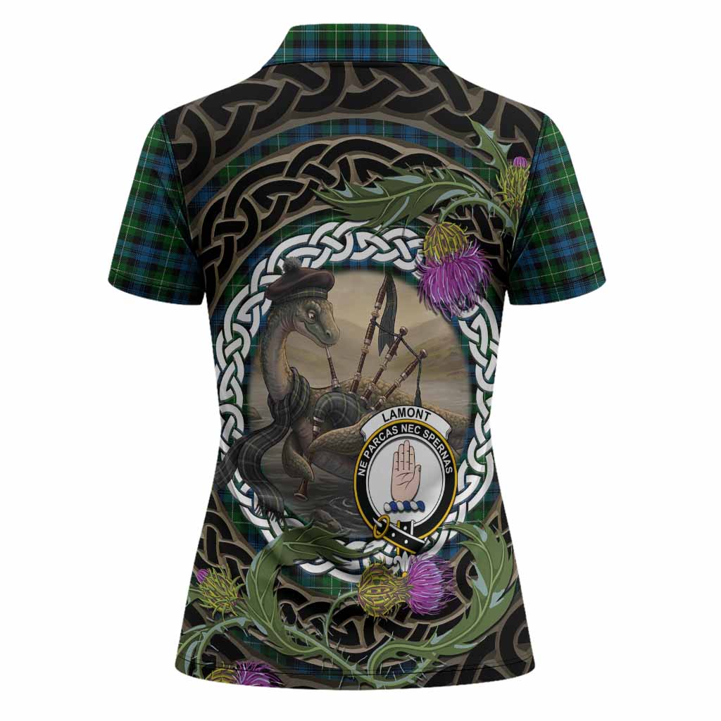 Lamont Tartan Crest Bagpipe Nessie Women Polo Shirt Scottish Loch Ness Monster Celtic Thistle