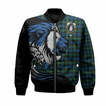 Lamont Tartan Crest Bomber Jacket Scottish Golden Lions Wave Flow