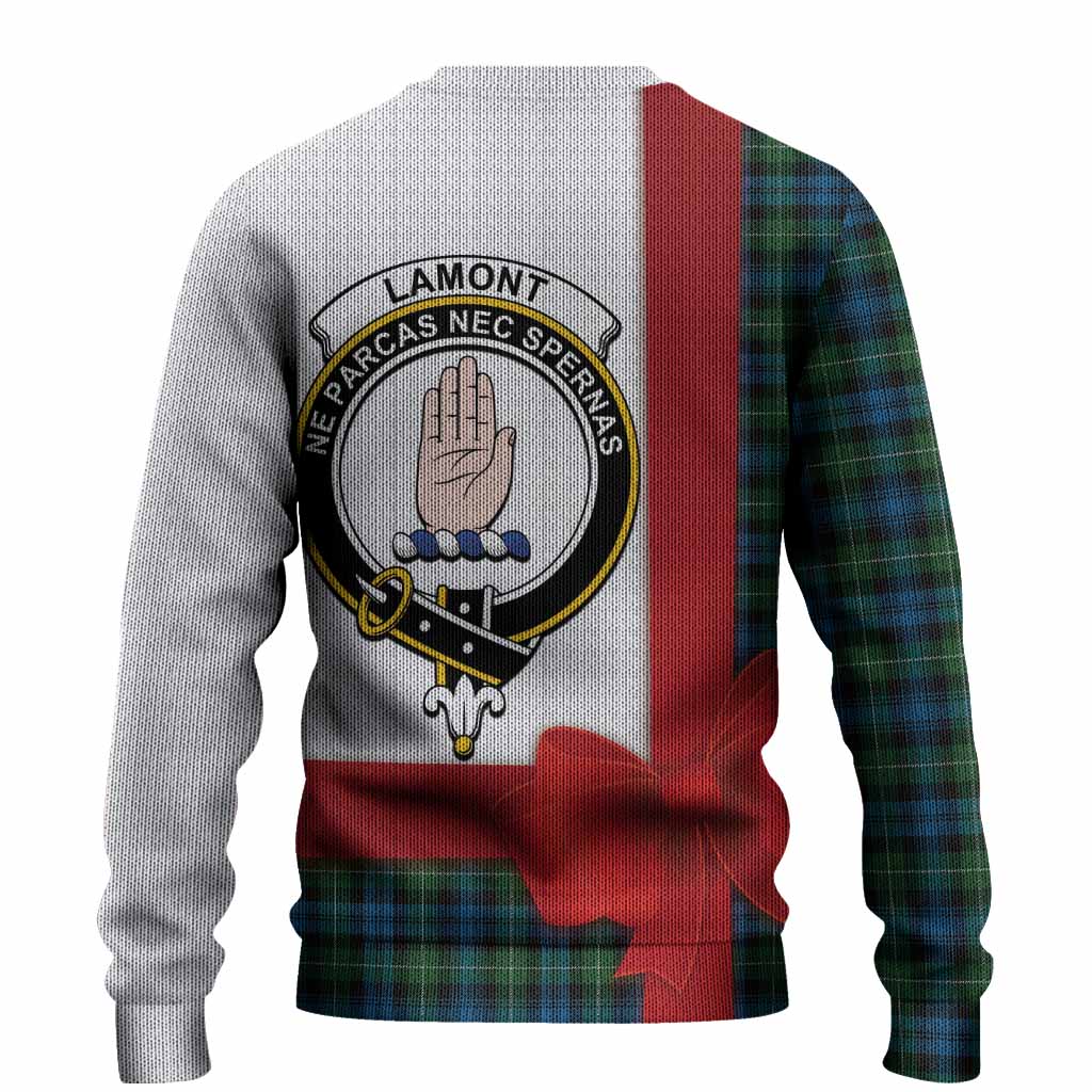 Lamont Tartan Crest Christmas Christmas Ugly Sweater Highland Cow Bagpipes Coquette Bow Style