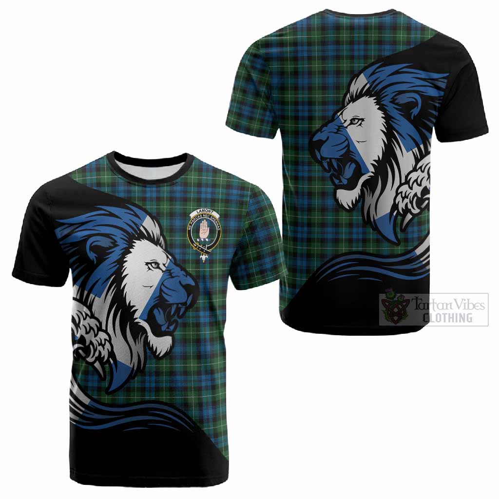 Lamont Tartan Crest Cotton T-shirt Scottish Golden Lions Wave Flow