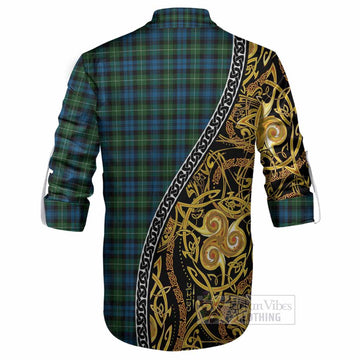 Lamont Tartan Crest Ghillie Shirt Celtic Knot and Triple Trickle Spiral Symbols