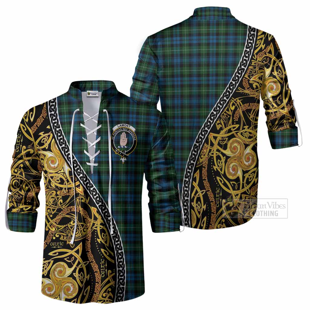 Lamont Tartan Crest Ghillie Shirt Celtic Knot and Triple Trickle Spiral Symbols