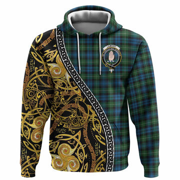 Lamont Tartan Crest Hoodie Celtic Knot and Triple Trickle Spiral Symbols