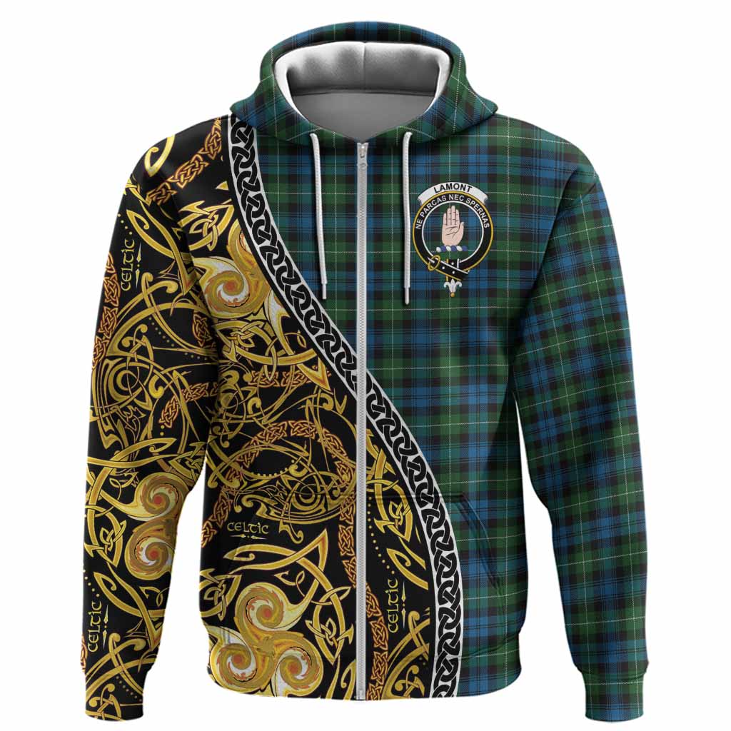 Lamont Tartan Crest Hoodie Celtic Knot and Triple Trickle Spiral Symbols