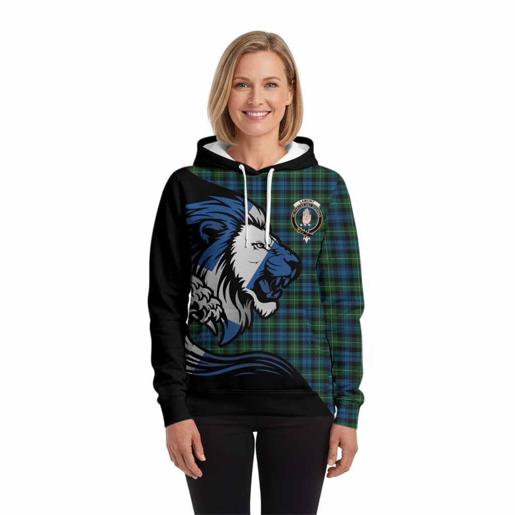 Lamont Tartan Crest Hoodie Scottish Golden Lions Wave Flow