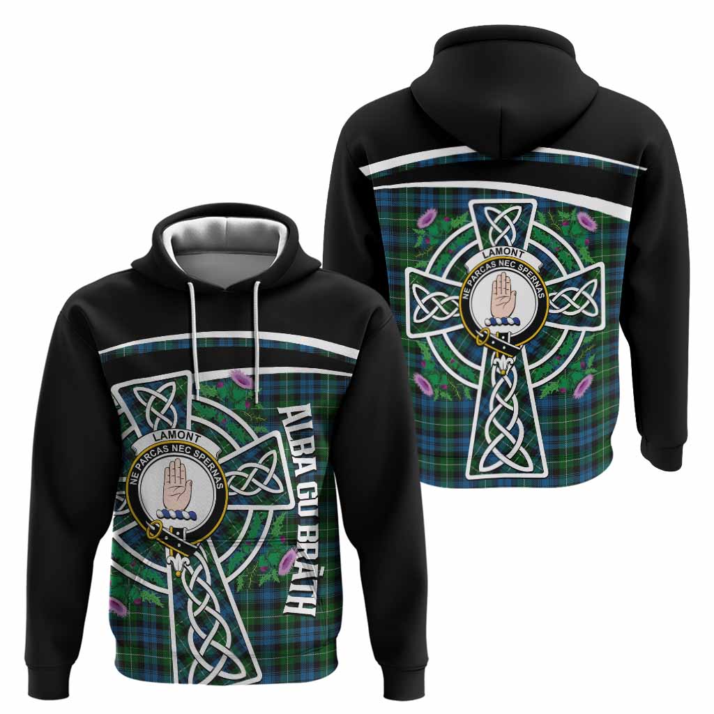 Lamont Tartan Crest Hoodie Scottish Thistle Celtic Cross Alba Gu Brath