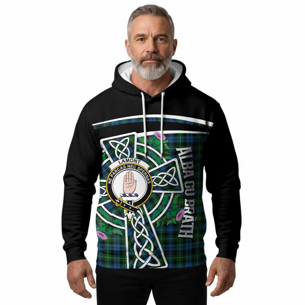 Lamont Tartan Crest Hoodie Scottish Thistle Celtic Cross Alba Gu Brath