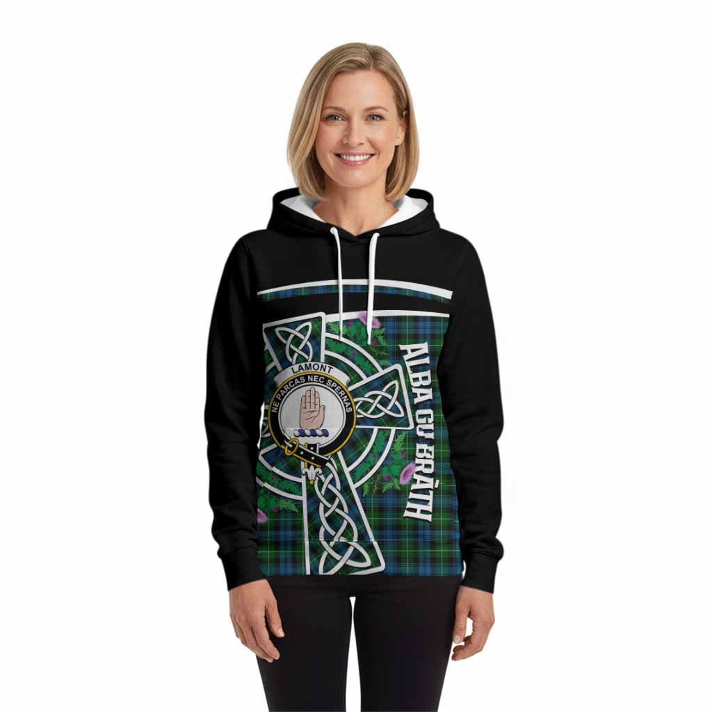 Lamont Tartan Crest Hoodie Scottish Thistle Celtic Cross Alba Gu Brath